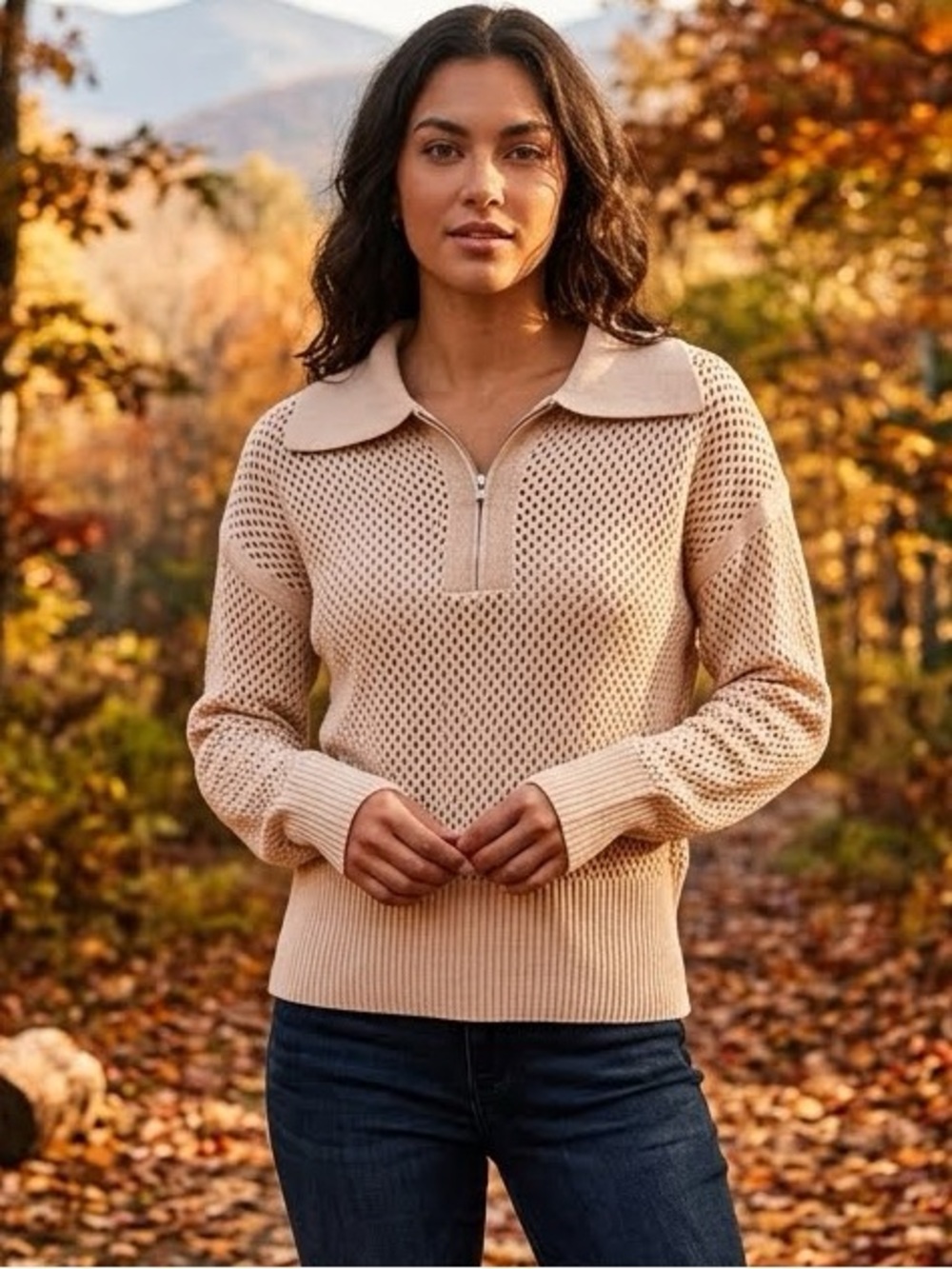 Women’s Khaki Open-Knit Zip-Collar Sweater Size L